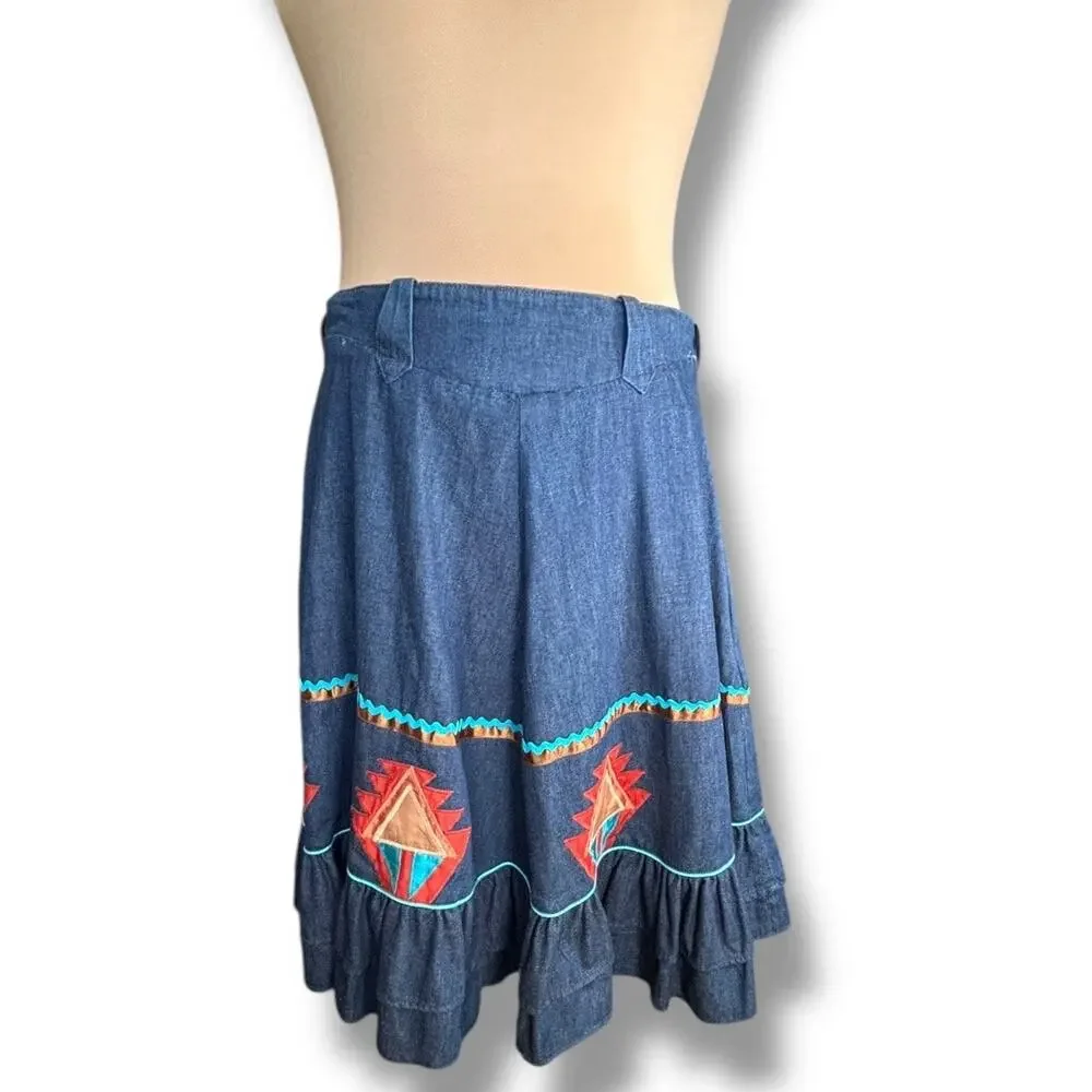 Vintage Handmade Southwest Denim Skirt Tiered Ruffle Hem‎ Abstract Art Appliqué